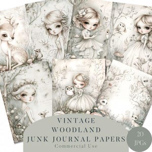 Vintage Woodland Junk Journal Pack - Fées de la forêt, elfes, lapins, champignons vénéneux et arbres, Pages de journal indésirable de la forêt vert tendre, papier imprimable