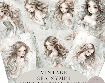 Vintage Sea Nymph Junk Journal Pages, Printable Paper, Whimsical Water Fairy Junk Journal, Commercial Use, Digital Download