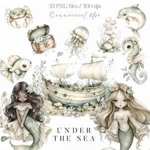 Paquete de imágenes prediseñadas bajo el mar, imágenes prediseñadas de sirena, imágenes prediseñadas del océano, imágenes prediseñadas de naufragio, arrecife de coral, peces, imágenes prediseñadas de tesoros, imágenes prediseñadas de baby shower de sirena