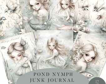 Water Nymph Journal, Fantasy Water Art, Fairy Pond Papers, Whimsical Nymph Art, Aquatic Junk Journal, Underwater Journal Set, Water Fairy