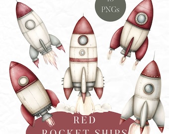 10 Red Rocket Ship Clipart PNGs, Space Clipart, Rocket Clipart, Spaceship Clipart, Kid's Clipart, Birthday Clipart, Digital Download