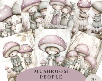 20 Cute Mushroom People Junk Journal Papers, Toadstools Digital Papers, Printable Paper, Watercolor Woodland Mushroom Junk Journal