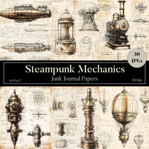 Pagine di diario di Steampunk con disegni spazzatura, carta industriale digitale, stampabile vittoriana, foglio di collage, album di ritagli meccanici, effimeri vintage