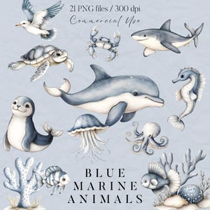 Pacchetto Clipart di animali marini blu ad acquerello, simpatici animali dell'oceano, animali dell'oceano PNG, animali sottomarini, clipart sottomarino, vivaio marino PNG