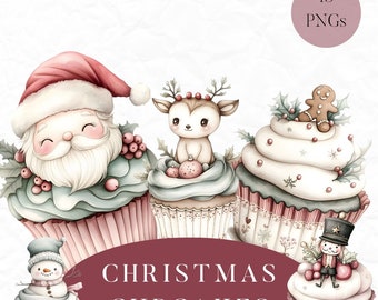 Clipart kerstcupcakes, papierkunst, clipart kersttraktatie, clipart kerstdessert, Images de Cupcakes de Noël, commercieel gebruik
