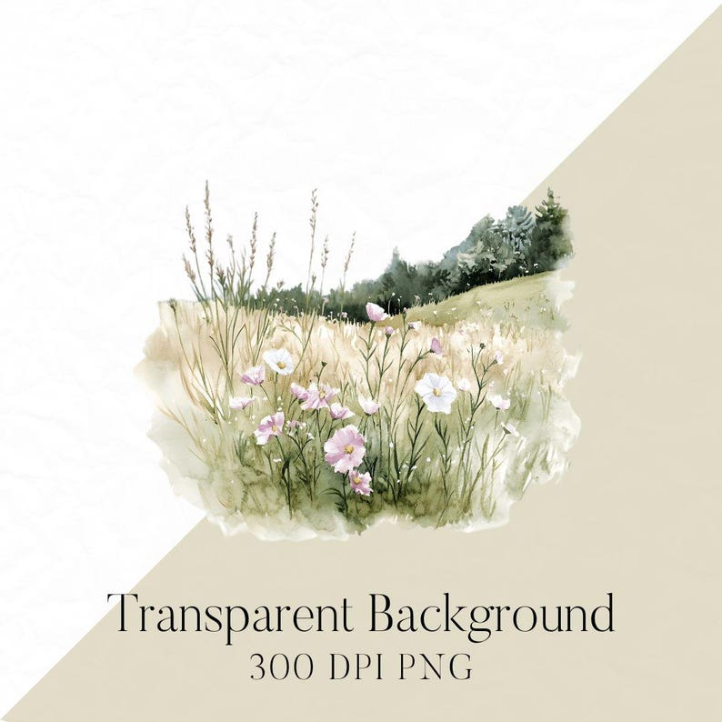 Op de afbeelding: Waterverf schilderij van een veld met wilde bloemen in een licht roze en witte kleurstelling. De bloemen bevinden zich op de voorgrond met een groen veld en een bos op de achtergrond.