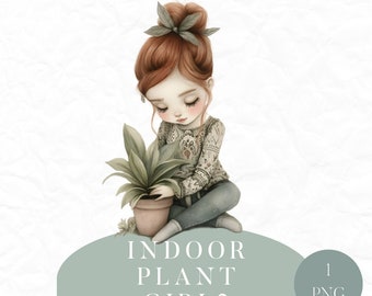 Indoor Plant Girl Clipart, Indoor Plant PNG, Kawaii Girl Clipart, Cute Gardening Girl Clipart, Watercolor Gardening PNG, Commercial Use
