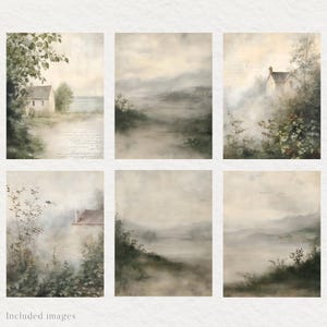 May include: Six watercolor paintings of misty landscapes with houses in the distance. The paintings are in muted tones of gray, green, and brown.