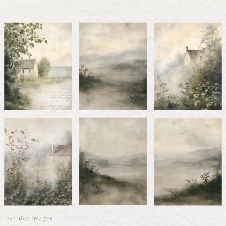 May include: Six watercolor paintings of misty landscapes with houses in the distance. The paintings are in muted tones of gray, green, and brown.