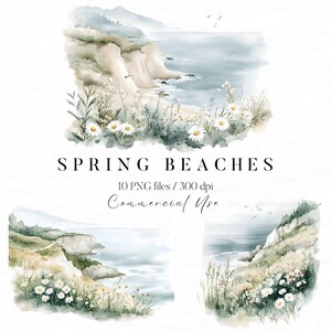Clipart plage printemps, aquarelle plage PNG, scène de plage d'été, clipart plage côtière, plage falaise Clipart, Clipart floral printemps, Daisy PNG