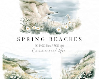 Lente strand clipart, aquarel strand png, zomer strand scène, kuststrand clipart, strand klif clipart, bloemen lente clipart, madeliefje png