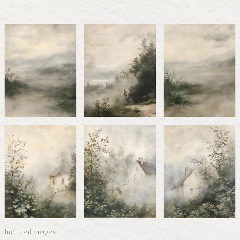 May include: A set of six digital art prints featuring a misty landscape with houses and trees. The prints are in a muted color palette of grays, greens, and blues.
