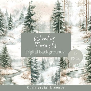 15 scene di sfondo di foresta invernale, carta da giornale invernale, carta digitale di paesaggio innevato, sfondi di foresta di pini, scena di fiume invernale