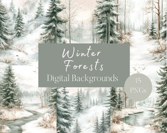 15 Winter Forest Background Scenes, Winter Junk Journal Paper, Snowy Landscape Digital Paper, Pine Forest Backgrounds, Winter River Scene