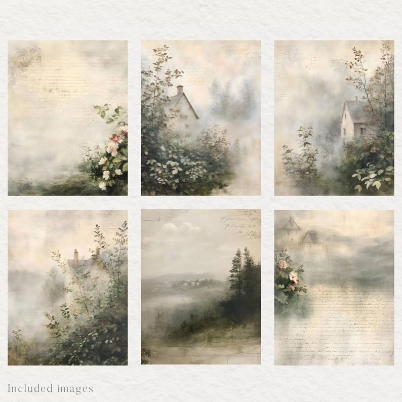 May include: A collage of six images featuring misty landscapes with houses and trees. The images are in a soft, muted color palette with a vintage feel.
