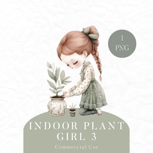 Clipart plante d'intérieur, jardinage fille PNG, clipart plante en pot, clipart fille kawaii, aquarelle plante d'intérieur PNG, usage Commercial