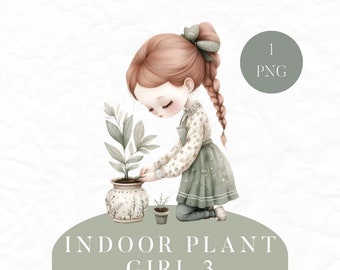 Indoor Plant Clipart, Gardening Girl PNG, Pot Plant Clipart, Kawaii Girl Clipart, Watercolor Indoor Plant PNG, Commercial Use