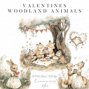 Clipart de animales del bosque del día de San Valentín, lindo clipart de bosque de acuarela, PNG de Cottagecore, PNG del día de San Valentín, PNG de picnic de San Valentín