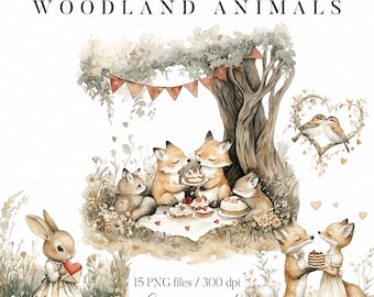 Valentines Day Woodland Animal Clipart, Cute Watercolor Woodland Clipart, Cottagecore PNG, Valentine&#39;s Day PNG, Valentine&#39;s Picnic PNG