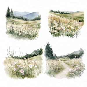 Op de afbeelding: Vier aquarellen die een veld met wilde bloemen met een bos op de achtergrond tonen. De schilderijen zijn in een zachte, gedempte kleurenpalet van groen, bruin en wit.