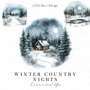 Winter Country Nights Clipart, Watercolor Winter Scene, Snow Winter PNG, Winter Night Scene, Winter Woodland Scenery Clipart, Cozy Winter