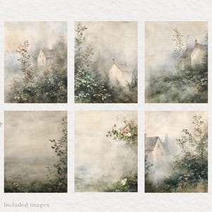 May include: Six digital art prints featuring a misty, foggy landscape with houses and trees. The prints are in a muted color palette of white, gray, and green.