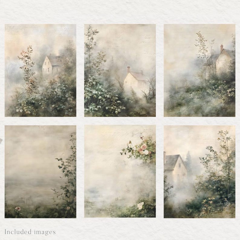 May include: Six digital art prints featuring a misty, foggy landscape with houses and trees. The prints are in a muted color palette of white, gray, and green.