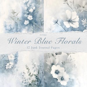 Journal floral bleu hiver, papiers éphémères de scrapbooking fleurs, papiers numériques bleus, journal pavot blanc, intercalaire de journal floral vintage