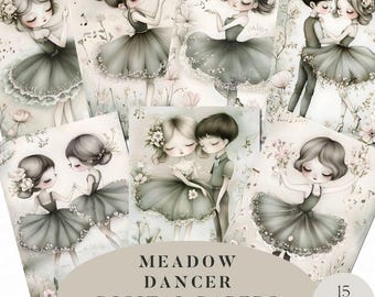 Puede incluir: Un conjunto de 15 papeles digitales con ilustraciones de niños con vestidos de bailarina y un niño y una niña bailando en un prado con flores. Los papeles son en tonos de verde, blanco y gris. El texto "Meadow Dancer Digital Papers" y "Commercial Use" está incluido en la imagen.
