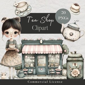 May include: A digital clipart set of 20 tea shop illustrations. The set includes a cute girl with glasses holding a cup of tea, a tea shop storefront, a teapot, a teacup, a cake, a sugar jar, and other tea-themed elements. The illustrations are in a watercolor style and have a vintage aesthetic.