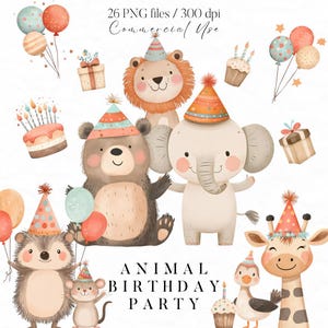 Fête d'anniversaire des animaux, lot de cliparts fantaisiste, forêt, Scandi, décoration de chambre d'enfant, PNG transparent, usage Commercial