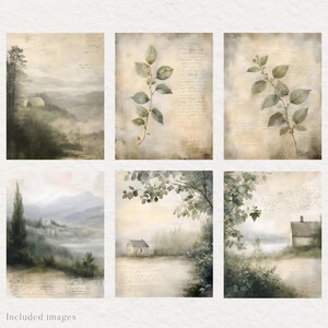 May include: Six vintage-style prints featuring a misty landscape with a small house, a leafy branch, and a lake with a house in the distance. The prints have a faded, antique look and are perfect for adding a touch of rustic charm to your home decor.