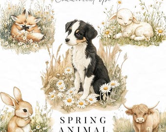 Spring Animals Clipart Bundle, Watercolor Animals Clipart, Spring Bunny, Lamb, Cows, Puppies, Foxes, Daisy Clipart, Flower Animal Clipart