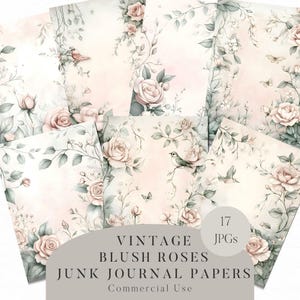 May include: A set of 17 digital papers featuring vintage blush roses, leaves, and birds. The papers are perfect for scrapbooking, card making, and other crafting projects.  The papers are in a soft, romantic style with a watercolor effect.  The text "Vintage Blush Roses Junk Journal Papers Commercial Use" is included in the image.