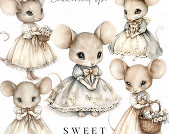 Watercolor Mouse Clipart, Mouse Family, Nursery Clipart, Woodland Animals, Floral Mouse, Baby Mouse Clipart, Vintage Animal Illustration