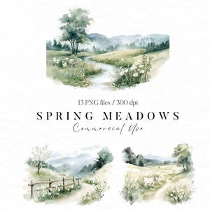 May include: Watercolor illustration of a spring meadow with a winding stream, green trees, and white flowers. The image is part of a set of 13 PNG files for commercial use.