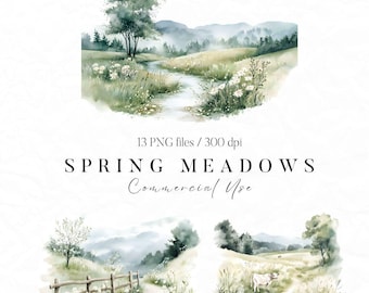 Clipart lenteweiden, aquarel landschap clipart, land scène clipart, pastorale clipart, land veld png, lente landschap png