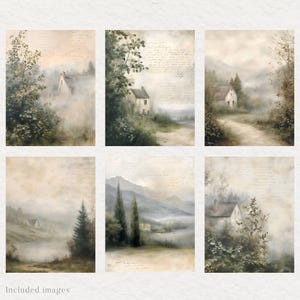 May include: Six watercolor paintings of cottages in a misty, rural landscape. Each painting features a small cottage with a white exterior and a green roof, surrounded by trees and foliage. The paintings are set against a backdrop of rolling hills and a hazy sky.