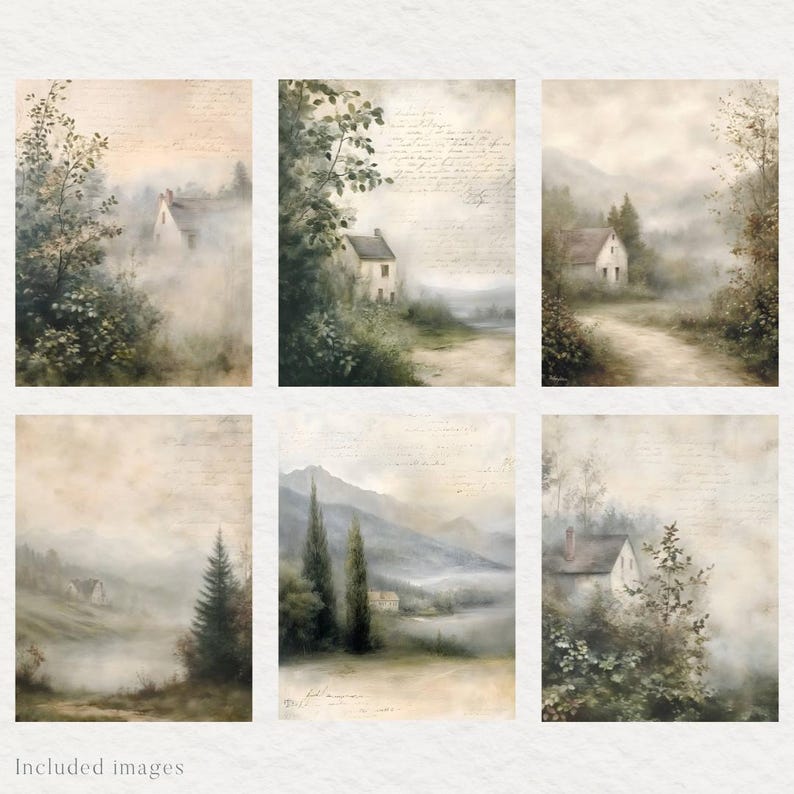 May include: Six watercolor paintings of cottages in a misty, rural landscape. Each painting features a small cottage with a white exterior and a green roof, surrounded by trees and foliage. The paintings are set against a backdrop of rolling hills and a hazy sky.