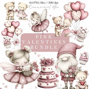 Paquete de imágenes prediseñadas de San Valentín, PNG de San Valentín rosa, imágenes prediseñadas de hadas de San Valentín, imágenes prediseñadas de osito de San Valentín, imágenes prediseñadas románticas, PNG de corazón de amor