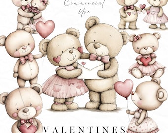 Valetines Teddies Clipart, Cute Valentine&#39;s Day Clipart, Valentine&#39;s Animals Clipart, Teddy Bear Clipart, Valentine&#39;s Day Love Heart PNG