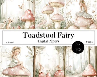 Toadstool Fairies Junk Journal Pack for Kids, Cute Watercolor Illustrations, Fantasy Forest Digital Paper Set, Children&#39;s Junk Journal