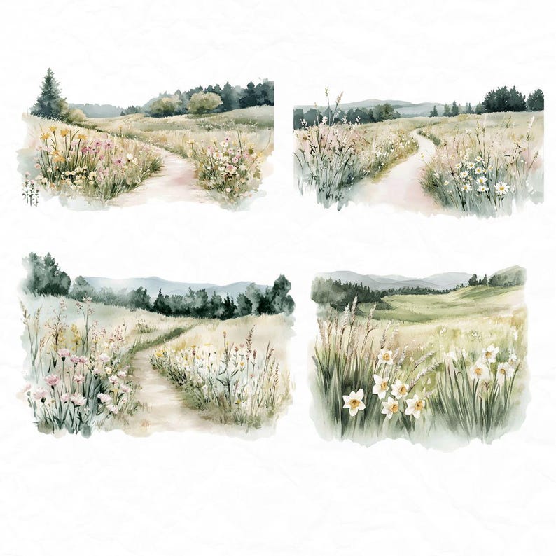 Op de afbeelding: Vier aquarellen die een pad door een veld met wilde bloemen en hoog gras tonen. De schilderijen zijn in een gedempte kleurenpalet van groen, bruin en geel. Het pad slingert en leidt naar een bos in de verte.