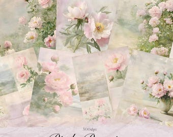 Diário de Junk Pink Peony, Páginas Florais Imprimíveis, Kit de Ephemera Digital, Colagem de Scrapbook, Download Instantâneo