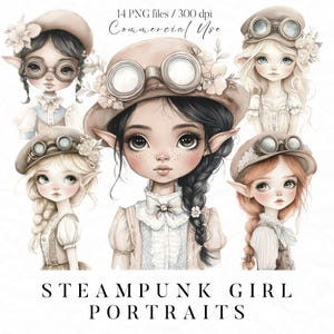 スチームパンクな女の子のポートレート クリップアート、スチームパンクなエフェメラ、多様なスチームパンクな女性、ビクトリア朝のファンタジー デジタル アート、スチームパンクな女性キャラクター