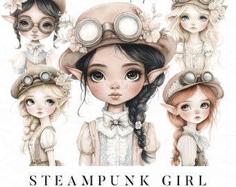 Steampunk Girl Portrait Clipart, Steampunk Ephemera, Diverse Steampunk Women, Victorian Fantasy Digital Art, Steampunk Female Characters