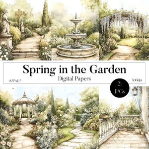 Papeles digitales de acuarela de primavera, fondos de ilustraciones de jardines, diario basura de primavera, papeles digitales florales, ilustraciones de jardines de fincas