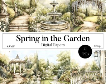 May include: A set of 21 digital papers featuring watercolor illustrations of a spring garden with paths, fountains, and a gazebo. The papers are 8.5 inches by 11 inches and 300 dpi.