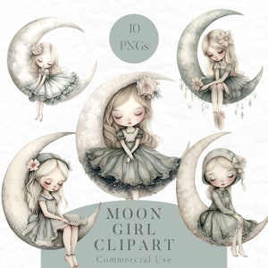 Clipart fée céleste, la lune et les étoiles, clipart de conte de fées, créatures mythiques PNG, téléchargement numérique, usage commercial, clipart fée lune