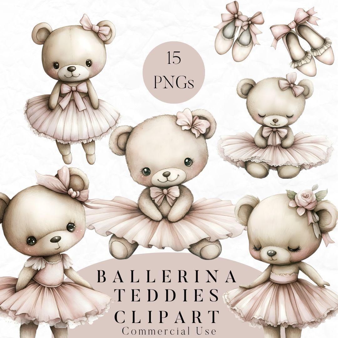 15 Ballerina Teddy Clipart, Watercolor Teddy Bear PNG, Baby Shower ...